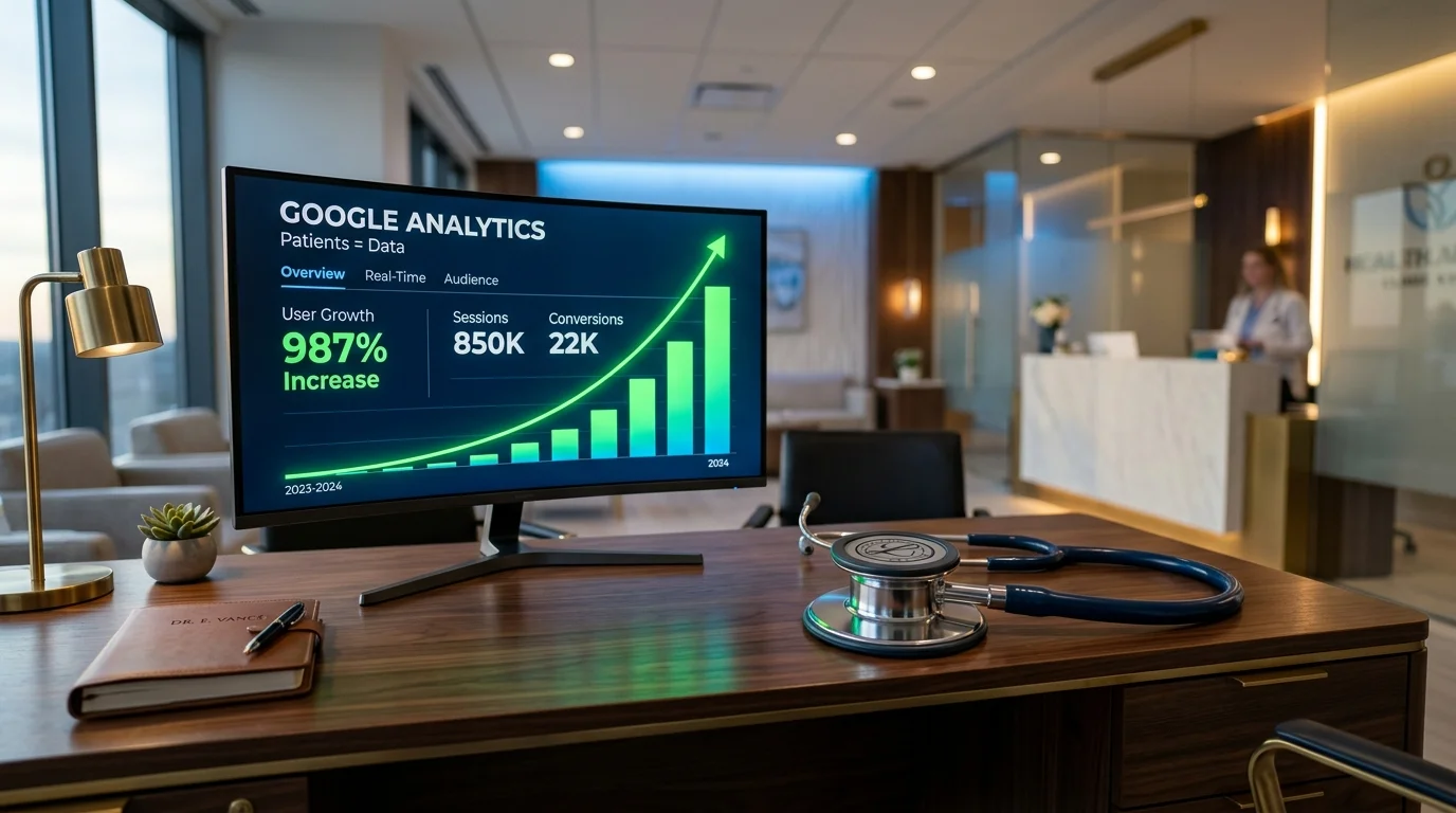Especialista médico analizando datos de posicionamiento web clinicas en Google Analytics