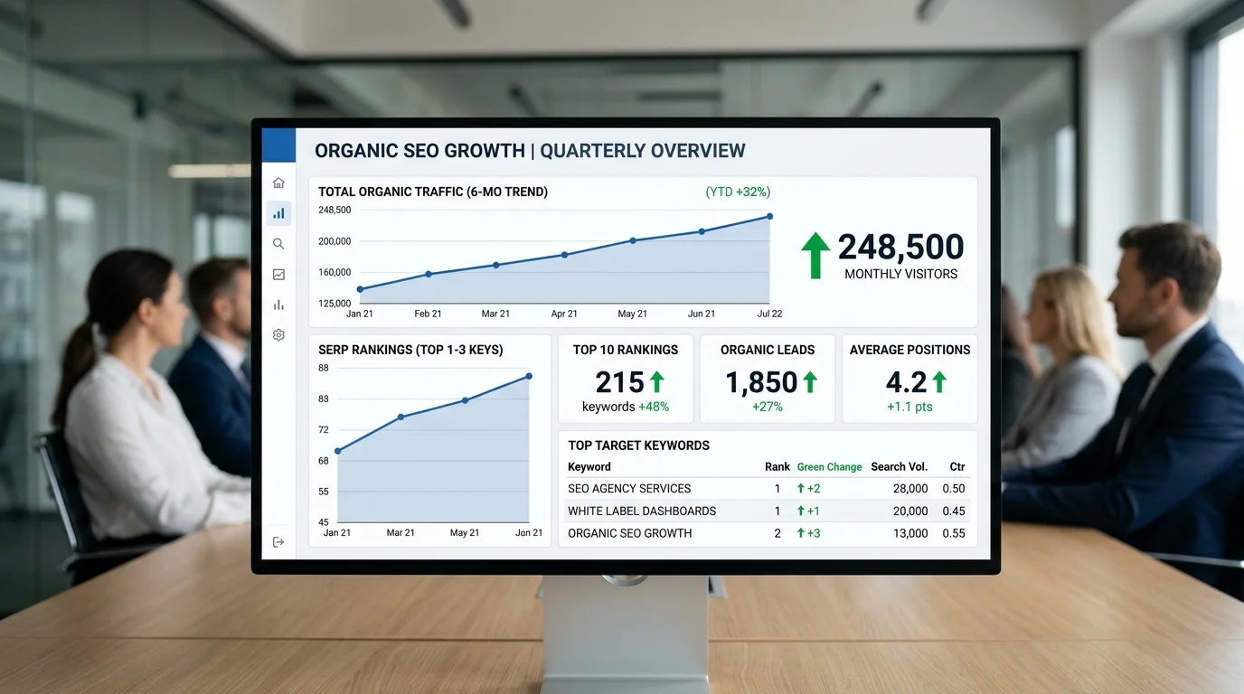 Dashboard confidencial de SEO marca blanca mostrando crecimiento de SERPs
