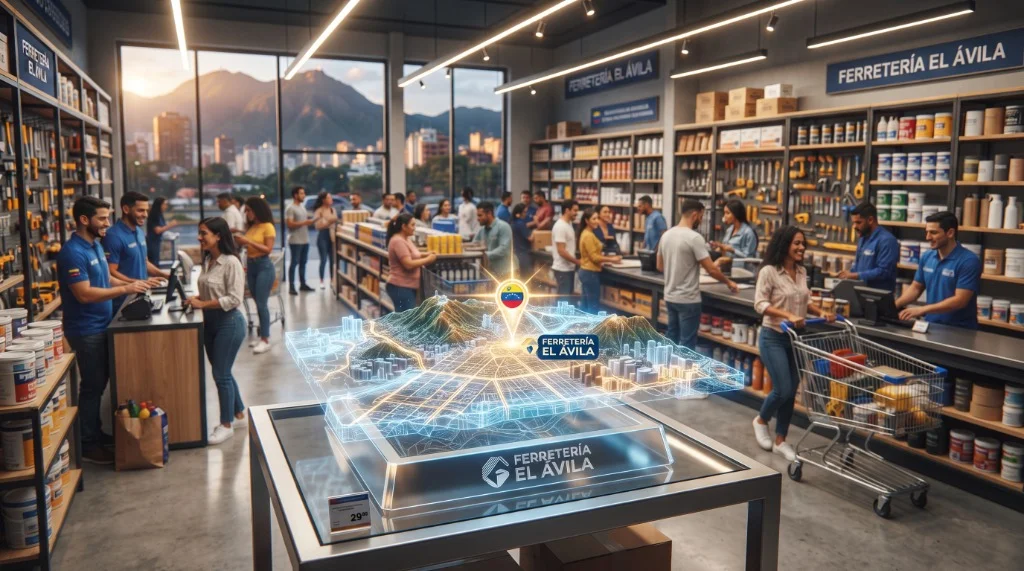Mapa holográfico de Google Maps Venezuela sobre local ferretero