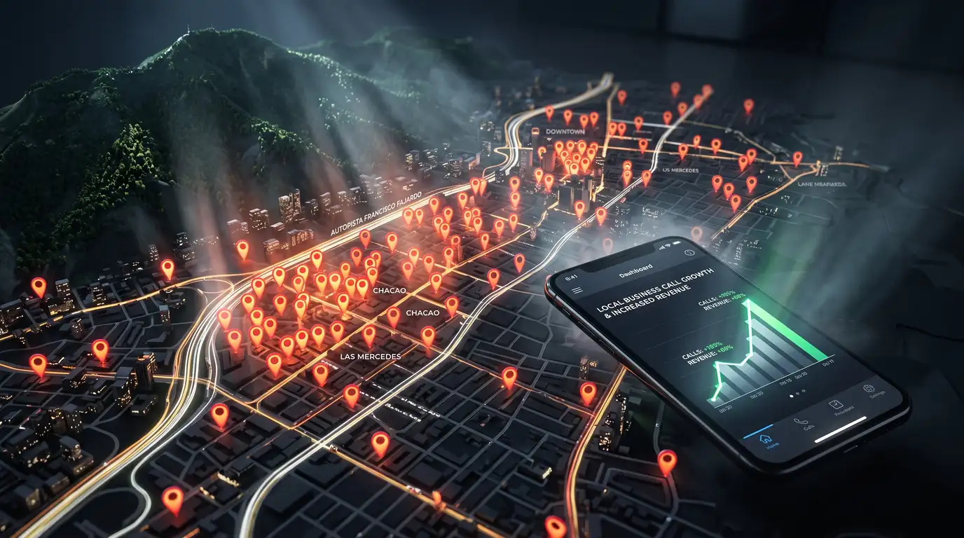 Mapa digital 3D de Caracas con pines de Google My Business iluminados