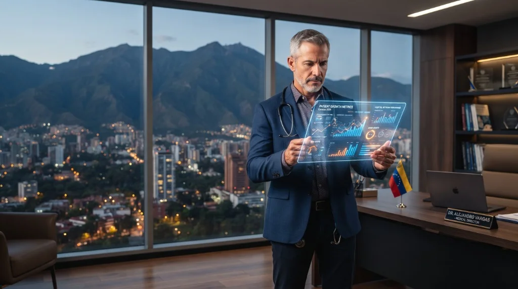 Director médico en Caracas revisando estadísticas de SEO para clínicas