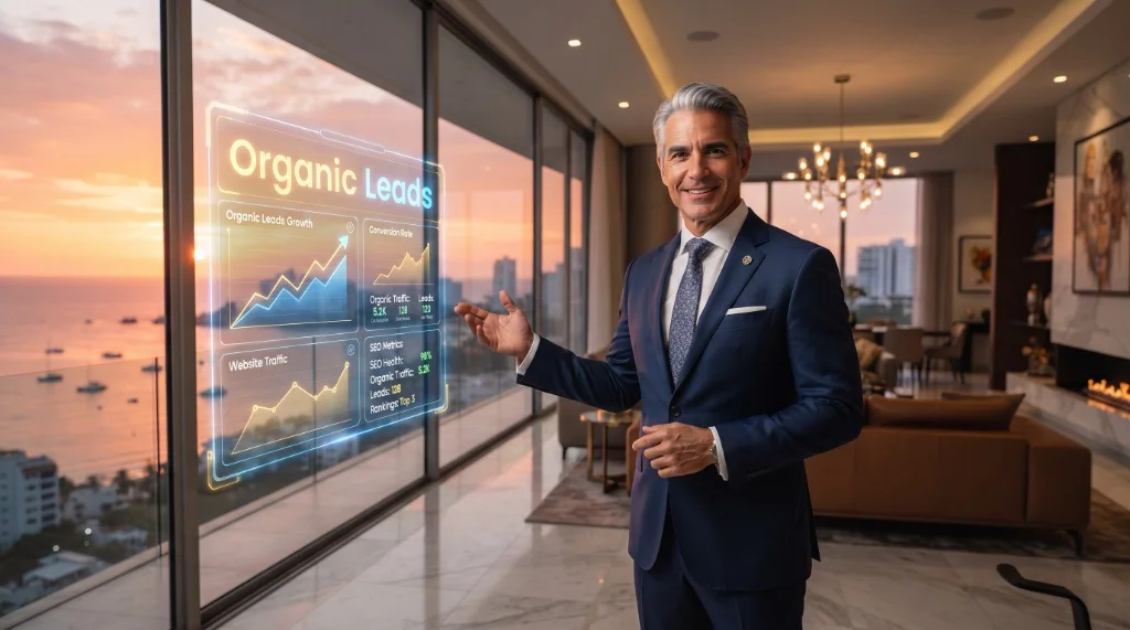 Corredor inmobiliario mostrando gráfico de leads orgánicos con Lechería de fondo